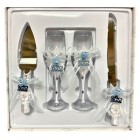 4 Piece Mis Quince Anos Cake Knife and Server Set with Champagne Toasting Glass Flutes White Flower Light Blue Design